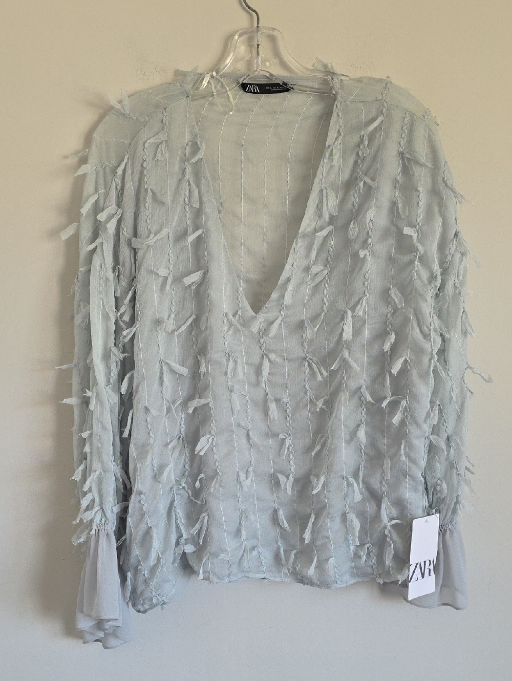 NWT ZARA | Mint Green Ruffle Feather Blouse V-neck Sz XL - Picture 4 of 7